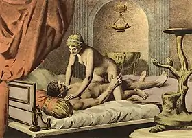 Depiction of a woman on top position.