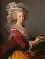 Three-quarter length portrait of woman holding a book on a green velvet pillow. She is wearing a red and gold velvet dress adorned with a thin, white organza around the bosom. She is wearing a gray wig, also adorned by thin, white material.