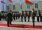 The guard rendering honors to Russian defence minister Sergey Shoygu at the defence ministry headquarters.