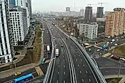 On the photo, Narodnogo Opolcheniya Street and Karamyshevskaya Embankment are in the lower level, beneath the North-Western Chord.