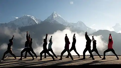 Virabhadrasana I class in Nepal