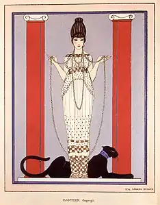 Lady with Panther by George Barbier for Louis Cartier (1914). Display card commissioned by Cartier shows a woman in a Paul Poiret gown.