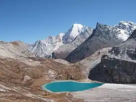 Lake at foot of Mount Chanadorje, Yading range, southwestern Sichuan.