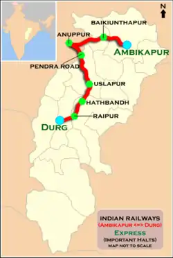 (Durg–Ambikapur) Express route map