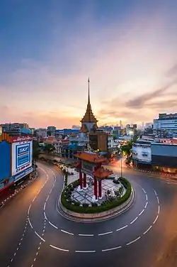 Aerial view of Odeon Circle and Chinese Gate, while Wat Traimit in the back is located in Talat Noi.