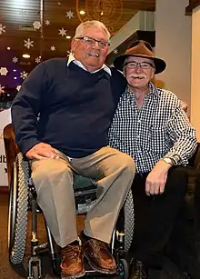 Two of the founders of Disabled Wintersport Australia, Ron Finneran (L) and Nick Dean (R) at a function on 3 September 2013 in Thredbo during the first IPC alpine skiing world cup event to be held in Australia, conducted by the Australian Paralympic Committee