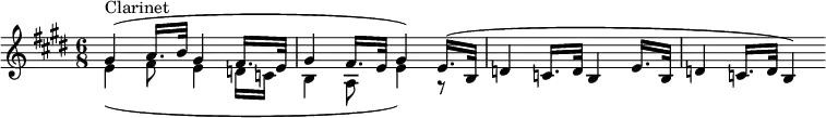 
  \new Staff <<
    \new Voice \relative c'' {
      \set Score.tempoHideNote = ##t \tempo 8 = 60
      \key e \major
      \time 6/8
      \clef treble
      \set Staff.midiInstrument = "clarinet"
      \bar ""
      \stemUp
      gis4^(^\markup "Clarinet" a16. b32 gis4 fis16. e32
      gis4 fis16. e32 gis4) e16.^( b32
      d4 c16. d32 b4 e16. b32
      d4 c16. d32 b4)
    }
  \new Voice \relative c' {
      \tempo "Andante moderato"
      \set Score.tempoHideNote = ##t \tempo 8 = 60
      \key e \major
      \time 6/8
      \clef treble
      \set Staff.midiInstrument = "clarinet"
      \bar ""
      \stemDown
      e4_( fis8 e4 d16 c
      b4 a8 e'4) r8
    }
  >>
