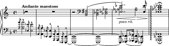  {
\relative c' { \new PianoStaff << \set PianoStaff.connectArpeggios = ##t
\new Staff { \key f \major \tempo "Andante maestoso"
  R1 R r2 \clef F << { <a, c fis>2\(
  \stemDown <bes des g> <ces ees aes> \stemUp <ees ees'>2..\) q16 s1 } \\
  { \stemNeutral s2*3 <aes bes>2\<_\markup\italic{poco rit.} <g bes>\>
  <ees aes ces ees>1\arpeggio\!^\fermata } >>
}
\new Staff { \clef F \key f \major
  \slashedGrace { <a a'>8 } <a a'>2^^ \slashedGrace { <ees ees'>8 } <ees ees'>2^^
  \slashedGrace { <a, a'>8 } <a a'>4^^ \slashedGrace { <ees ees'>8 } <ees ees'>4^^
  \slashedGrace { <a, a'>8 } <a a'>4^^ \slashedGrace { <ees ees'>8 } <ees ees'>4^^~q1~q~
  q4 <fes fes'>8. ( <ges ges'>16 <fes fes'>4 <ees ees'> )
  <aes ees' aes>1\arpeggio_\fermata %<!-- can't get fermata on the barline to work here -->
}
>> } }