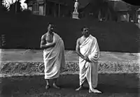 (1913) Reims, France; Collège d'athlètes. Hébert is standing to the left. The man to the right is Jean Bouin, the French mid-distance Olympic runner, who died at age 25 while fighting in the French army during the opening weeks of World War I, in the year 1914.