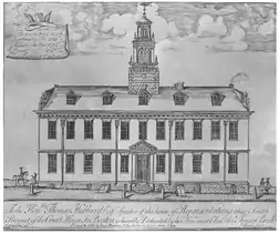 Court House, Boston, built 1713 (engraving 1751 by Nathaniel Hurd; courtesy Museum of Fine Arts, Boston)