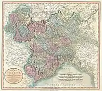 English map representing the North West Regions of Italy (Kingdom of Sardinia, Duchy of Milan, Republic of Genoa) and the border with France in the 18th century.