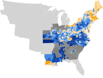 Results by county, shaded according to winning candidate's percentage of the vote