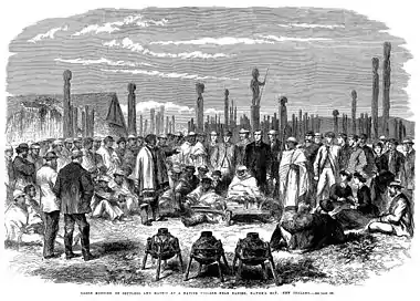 Black and white engraving depicting a crowd of people