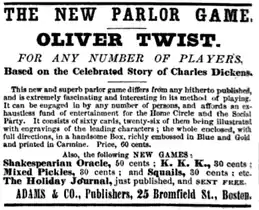 1867 advertisement for "Oliver Twist" game of Charles Dickens characters