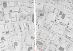 Detail of 1869 map of Boston, showing area of Mechanics Hall at Bedford and Chauncy Streets