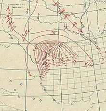 Contour map of the hurricane's isobars and trajectory