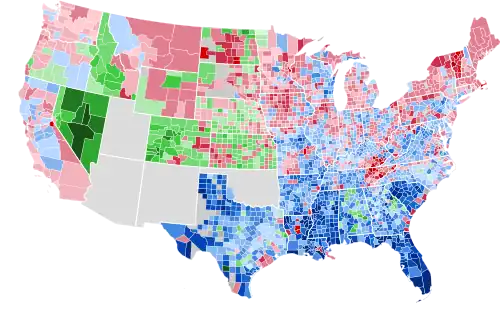 Results by county, shaded according to winning candidate's percentage of the vote