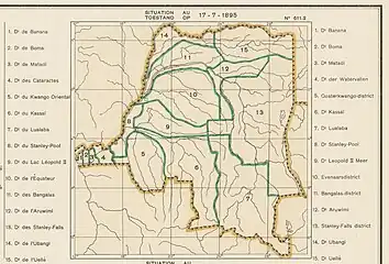 Districts of the Congo Free State in 1895. Aruwimi extends further south, Uellé District to the north.