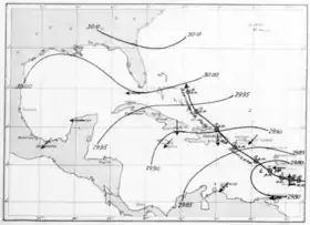 Plot of the storm's track and related weather observations