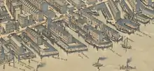 Overview of wharves, 1899, showing Central Wharf bisected by Atlantic Avenue