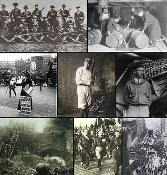 Image 4From left, clockwise: Third Tipperary Brigade Flying Column No. 2 under Seán Hogan during the Irish War of Independence; Prohibition agents destroying barrels of alcohol in accordance to the 18th amendment, which made alcoholic beverages illegal in the United States throughout the entire decade; In 1927, Charles Lindbergh embarks on the first solo nonstop flight from New York to Paris on the Spirit of St. Louis; A crowd gathering on Wall Street after the 1929 stock market crash, which led to the Great Depression; Benito Mussolini and fascist Blackshirts during the March on Rome in 1922; the People's Liberation Army attacking government defensive positions in Shandong, during the Chinese Civil War; The women's suffrage campaign leads to numerous countries granting women the right to vote and be elected; Babe Ruth becomes the most famous baseball player of the time. (from 1920s)