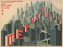 Metropolis film poster with a background of skyscrapers.