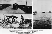 Three images. One shows a vehicle carrying away caskets and the others show flooding and destroyed homes