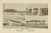 Four images depicting damage to a grocery store, pharmacy, theatre, and another business building