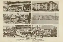 Collection of pictures capturing damage to a pharmacy, a furniture store, a few homes, and a church