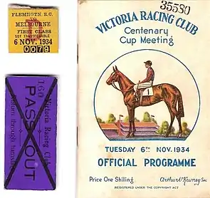 1934 VRC Melbourne Cup racebook with train & turnstile passes