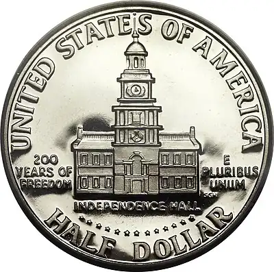 Reverse of the Bicentennial Kennedy half dollar, minted 1975–1976