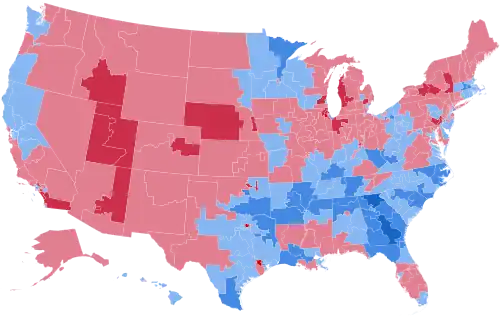 Results by congressional district, shaded according to winning candidate's percentage of the vote