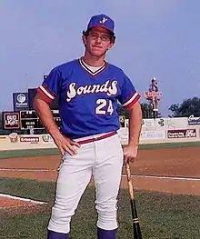 A baseball player in blue and white