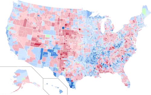 Results by county, shaded according to winning candidate's percentage of the vote