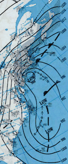 A map depicting two large storms near the United States