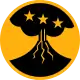 On a yellow disk 3 1/4 inches in diameter with a 1/8 inch edge, a conventionalized black volcano emitting smoke, the volcano charged with three yellow mullets in fess