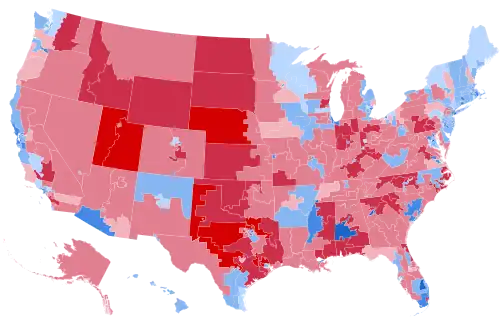 Results by congressional district, shaded according to winning candidate's percentage of the vote.