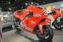 The Marlboro Yamaha YZR500, ridden by Max Biaggi in the 2001 season on display.