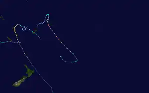 A track map of all the tropical depressions (Heta, Ivy, 10F/22P) monitored by the Joint Typhoon Warning Center during the 2003–04 South Pacific cyclone season.