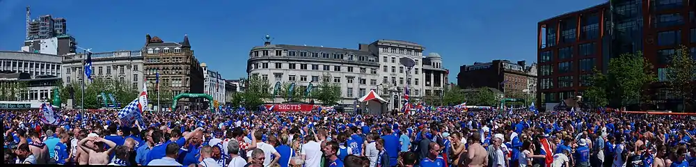 A panorama of Rangers supporters at the 2008 UEFA Cup final, in the Piccadilly Gardens fan zone. This picture was taken during the day before the match against Zenit Saint Petersburg on 14 May 2008.