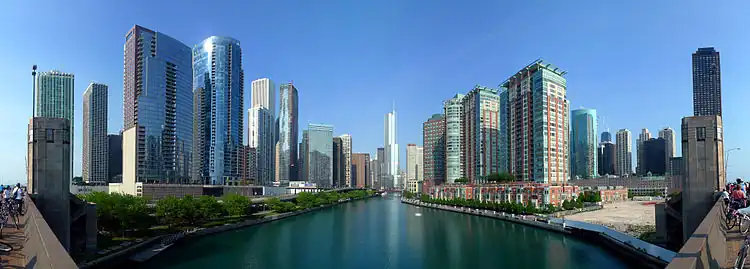 The Chicago River is the south border of the Near North Side and the north border of the Loop, which is pictured here; the Loop's Near East Side is to the left in this picture.