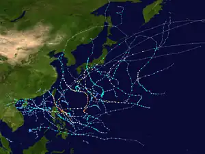 Map showing the paths of multiple storms represented by several dotted lines. Each dot denotes the storm's position at six-hour intervals, while its color denotes the storm's intensity at that position.