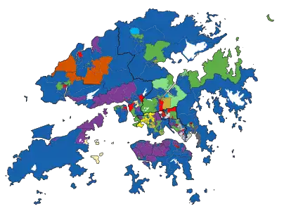 Results of the 2012 LegCo election geographical constituencies: the party with most votes in each District Council Constituency.