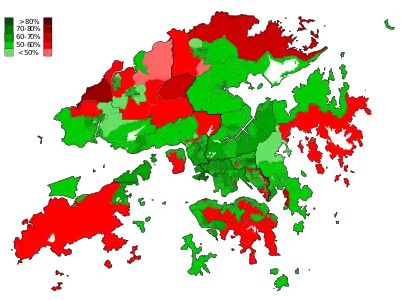 Popular votes by District Council constituency. Red represents Pro-Beijing camp gained most votes and green the Pro-democracy camp. Pro-Beijing remained stronghold in the rural areas in Ha Tsuen, Pat Heung, Sai Kung District, Sha Tau Kok, Ta Kwu Ling and Lamma Island. Some urban areas in Mid-Levels, North Point, Chai Wan, Wong Tai Sin, Sau Mau Ping, Yau Tong and Shek Wai Kok showed more support for the Pro-Beijing camp. Pro-democracy camp grabbed majority of the votes in the rest areas.