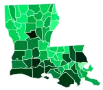 Support for Maness by parish:  >9%  8–9%  7–8%  6–7%  5–6%  4–5%  3–4%  2–3%  1–2%  <1%