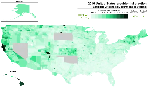 Results by county, shaded according to percentage of the vote for Jill Stein