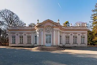 Rococo Ionic pilasters on the facade of the Amalienburg, Nymphenburg Palace Park, Munich, Germany, by François de Cuvilliés, 1734-1739