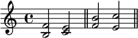  \new Voice \relative c' {
  \clef treble \key c \major \time 4/4 
  <b f'>2 <c e> \bar "||"
  <f b>2 <e c'> \bar "||"
}
