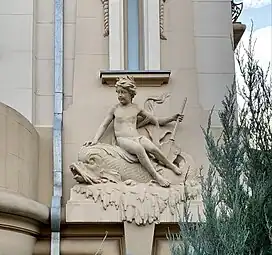 Beaux Arts putto on the Vasile Urseanu House, the current Bucharest Observatory (Bulevardul Lascăr Catargiu no. 21), Bucharest, Romania, designed by Ion D. Berindey, 1908–1910