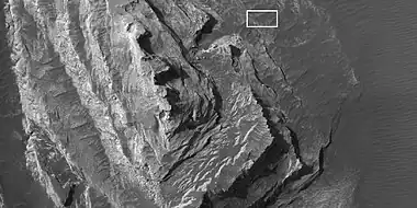 Enlargement of white butte, as seen by HiRISE under HiWish program  Box shows size of a football field.